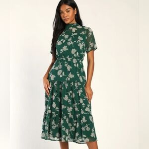 Lulu's Dressed Up Dark Green Floral Print Midi Dress XL